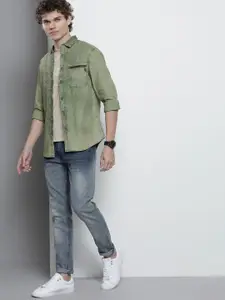 The Indian Garage Co Men Olive Green Solid Cotton Casual Shirt