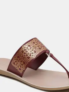 AURELIA Women Burgundy Party T-Strap Flats with Laser Cuts