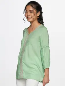 Global Desi Green Floral Embroidery Detail Pleated Longline Top
