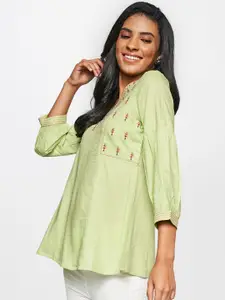 Global Desi Women Green & Pink Floral EmbroideredV Neck Top