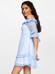 AND Women Blue & White Checked Off-Shoulder Tiered Dress