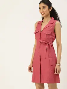 AND Rose Solid Shirt Collared Sleeveless Linen Shirt Dress