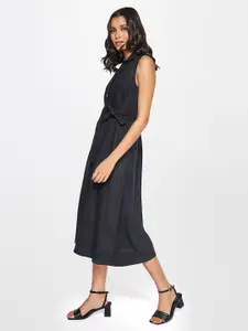 AND Black Linen Midi Fit and Flare Dress