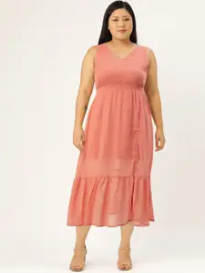 AND Women Peach-Coloured Self Designed A-Line Midi Dress