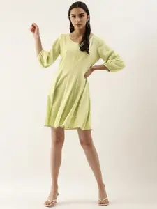 AND Lime Green Solid Fit & Flare Dress