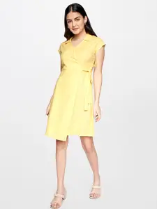 AND Yellow Solid Waist Tie-Ups Linen Wrap Dress