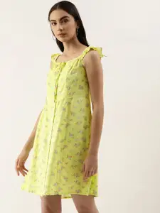 AND Lime Green & Multicoloured Floral Halter Neck Casual A-Line Dress