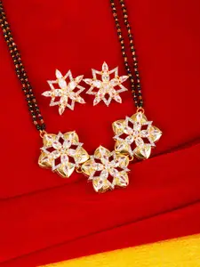 Voylla Black Gold-Plated American Diamond CZ Beaded Mangalsutra with Earrings