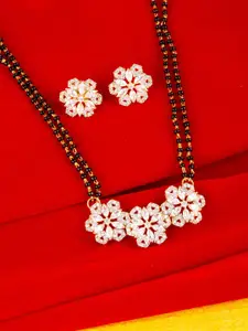 Voylla Gold-Plated & Black American Diamond CZ Brass Beaded Mangalsutra & Earrings