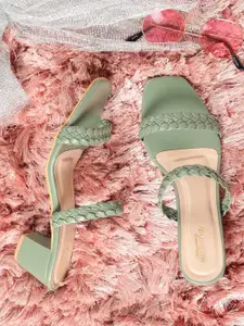 Monrow Olive Green Textured Printed PU Block Sandals