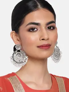 AccessHer Silver-Toned & White Mirror Circular Drop Earrings