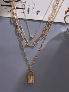 Vembley Set Of 2 Gold-Plated Layered Heart Lock & BabyGirl Pendant Necklace