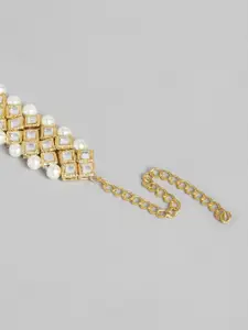 I Jewels Women White & Gold-Plated Kundan Studded Adjustable Pearl Bracelet