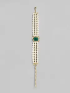 I Jewels Women White & Green Pearls Gold-Plated Wraparound Bracelet