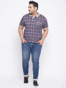 AUSTIVO Men Plus Size Blue & Red Checked Polo Collar T-shirt