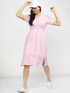 Vishudh Women Pink & White Checked A-Line Cotton Midi Dress