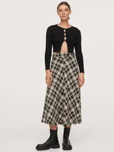 MANGO Women Black & White Checked High- Waist Knitted A-Line Midi Skirt