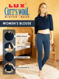 Lux Cottswool Women Pack Of 2 Navy Blue Solid Slim-Fit Cropped Cotton Thermal Top