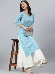 Janasya Women Blue & White Striped Kurta