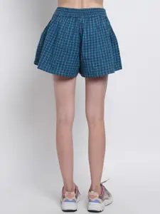 Purple State Women Blue Checked Pure Cotton Mini Flared Skirt