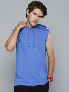 Kook N Keech Men Blue Solid Pure Cotton Hooded Casual T-shirt