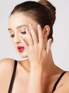 AMI Woman Silver-Plated White CZ-Studded & Pearl Beaded Adjustable Finger Ring