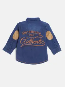 Gini and Jony Infant Boys Navy Blue & Brown Cotton Typography Denim Casual Shirt