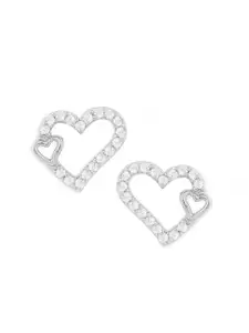 AMI Silver-Plated CZ Studded Heart Shaped Studs Earrings