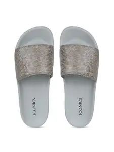 ICONICS Women Grey & Gold-Toned Printed Sliders