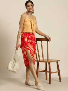 Sangria Women Beige & Red Floral Printed Top & Skirt Co-ords