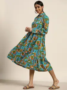 Sangria Women Blue & Green Floral A-Line Midi Dress
