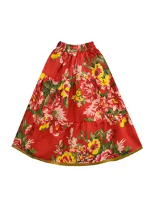 A.T.U.N. A T U N Girls Red & Yellow Embellished Ready to Wear Lehenga & Blouse With Dupatta