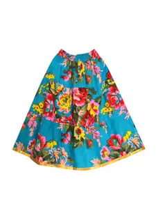 A.T.U.N. Girls Teal Blue & Yellow Ready to Wear Pure Cotton Lehenga & Blouse With Dupatta