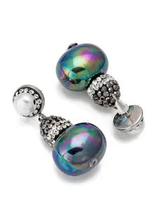 aadita Silver-Toned & White Spherical Studded Drop Earrings