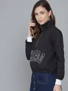 Kotty Women Black Printed Mock Collar Sweatshirt