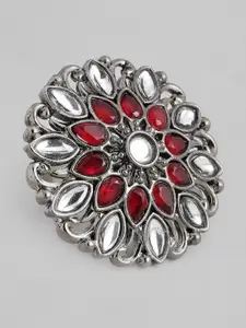I Jewels Maroon & Silver-Toned Oxidised Rhodium Plated Kundan Handcrafted Finger Ring