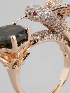 I Jewels Green Rose Gold Plated Bird Design CZ American Diamond Adjustable Finger Ring