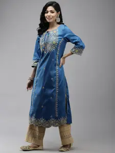 Ishin Women Blue Ethnic Motifs Embroidered A-Line Kurta