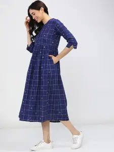 Vishudh Women Blue Checked Ethnic Empire Midi Dress