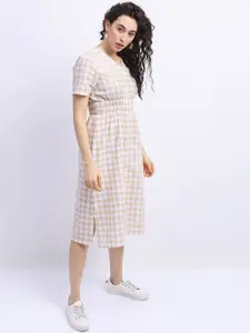 Vishudh Beige & White Checked Midi Dress