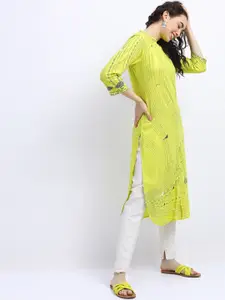 Vishudh Women Lime Green Abstract Print Straight Kurta