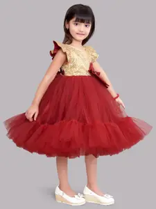 Pink Chick Girls Red & Gold-Coloured Embellished Net Tulle Fit & Flare Dress