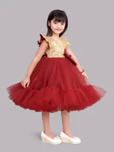 Pink Chick Girls Red & Gold-Coloured Embellished Net Tulle Fit & Flare Dress