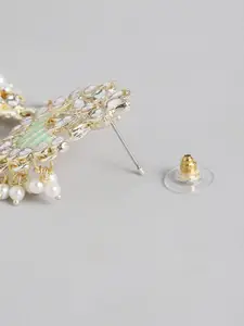 Peora Women Sea Green & White Gold-Plated Crescent Shaped Chandbalis Earrings