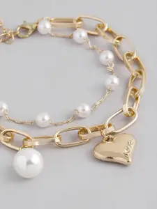 Peora Women Gold-Toned & Off White Pearls Gold-Plated Charm Bracelet