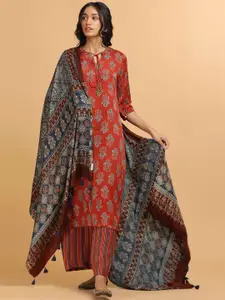 W The Folksong Collection - Women Red Ajrakh Print Modal Satin Kurta
