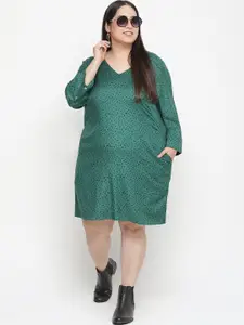 Oxolloxo Women Plus Size Green & Black Printed Cotton Shirt Dress