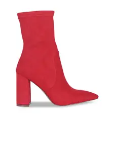 London Rag Women Red Solid Suede High Block Heeled Boots