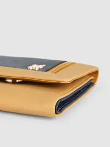 Baggit Women Mustard Yellow & Teal Blue Solid Zip Detail Three Fold Wallet