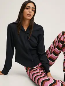 MANGO Women Navy Blue Slim Fit Solid Casual Shirt